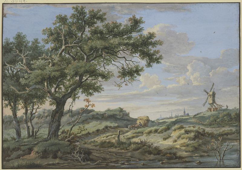 Landscape featuring a windmill and a wagon with straw by Carel Lodewijk Hansen