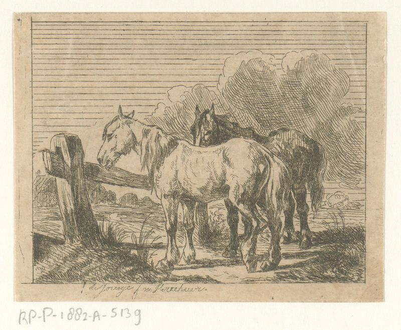 Etching by Jan Karel Jacob de Jonge showing two horses in a serene landscape