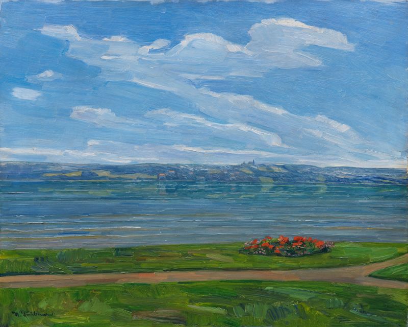 Aussichtsplatz am Starnberger See de Wilhelm Trübner, pintura a óleo que retrata um lago sereno e uma colina.
