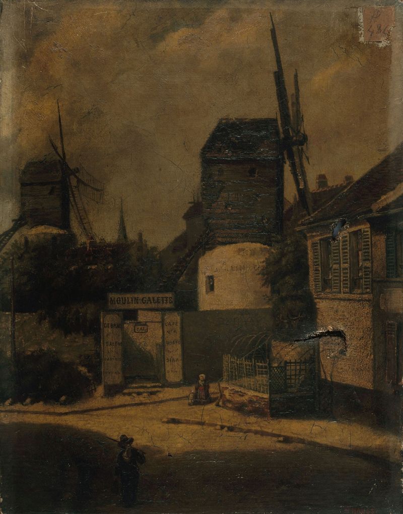 Cena de gênero com moinhos e figuras em Montmartre por Arsène Désiré d'Haussy, pintura a óleo