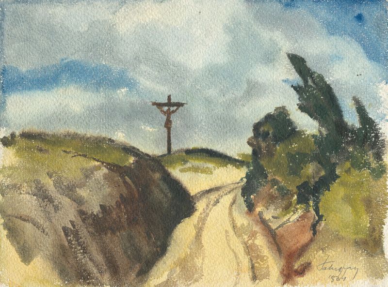 Paisaje con un camino sinuoso y vegetación, pintura al óleo de Zolo Palugyay