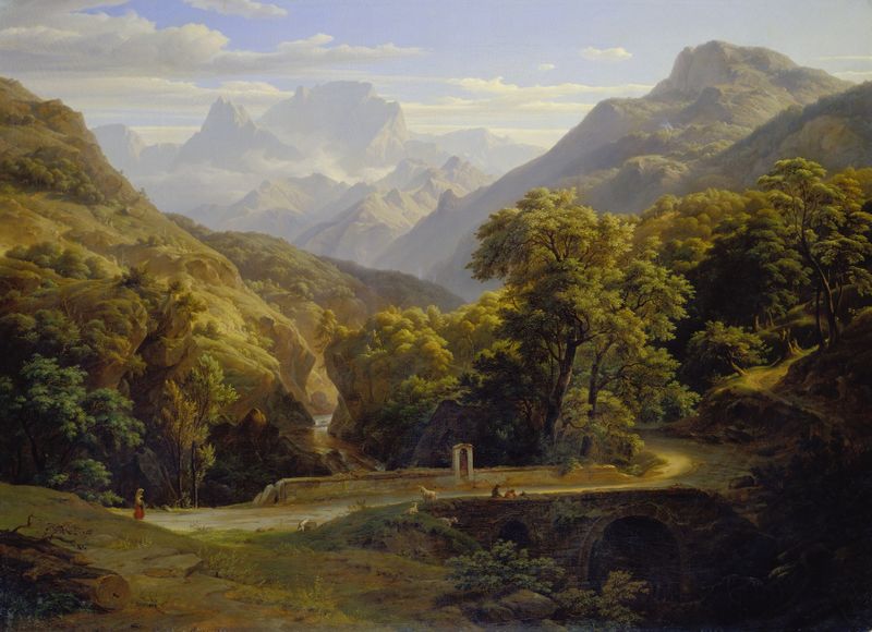 Landscape featuring mountains and snow by Ernst Fries, oil painting