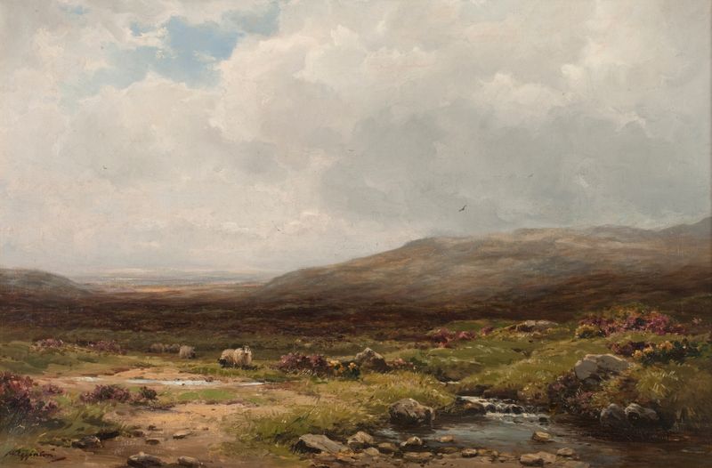A Dorset Moorland de Wycliffe Egginton, óleo sobre tela retratando uma paisagem tranquila ao amanhecer.