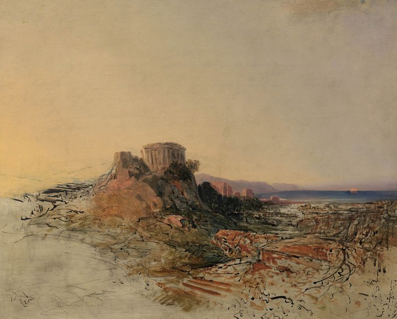 Griechische Tempelruinen by Adalbert Stifter, oil on canvas depicting ancient ruins at sunset