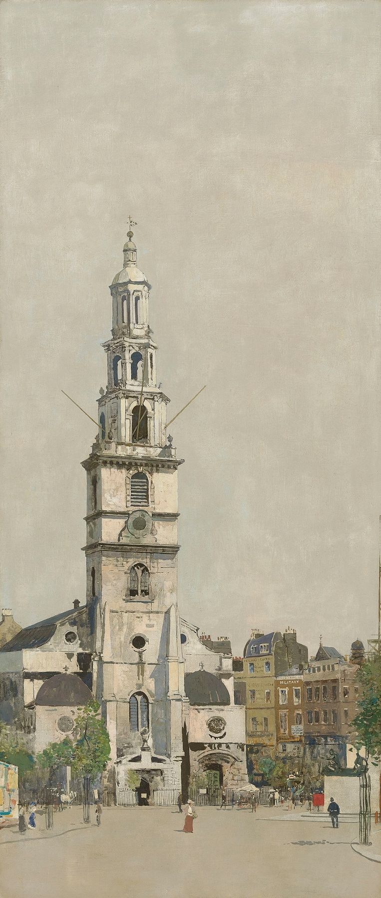St Clement Danes by James Kerr-Lawson, oil on canvas depicting a church with golden light and blue sky.