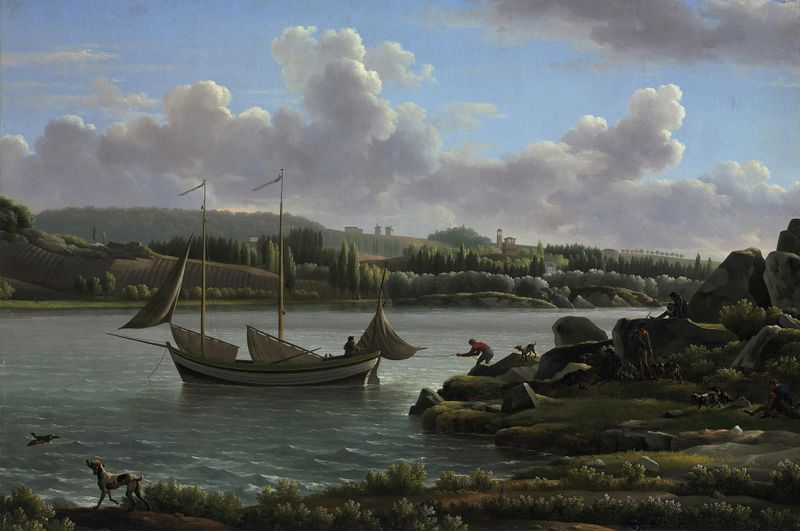 A Partida para a Caça, pintura a óleo de Jean-Joseph-Xavier Bidauld, retratando caçadores e cavalos em uma floresta.