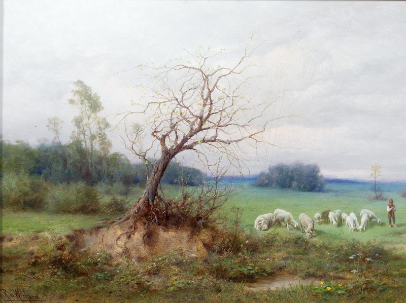 Rebaño de ovejas y un pastor en un paisaje, pintura al óleo de Raimund Ritter von Wichera