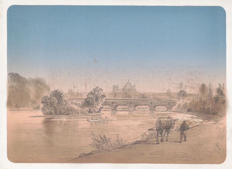 Man walking with mule on a footpath along the Schuylkill River, oil on canvas by James Fuller Queen