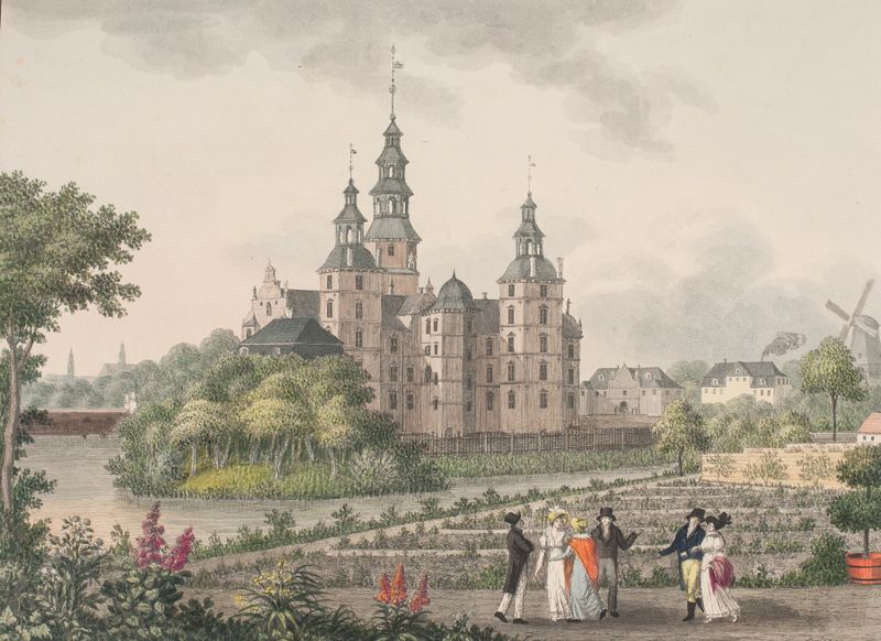 Rosenborg Slot de Søren L. Lange, óleo sobre tela, apresentando um castelo sob um céu nublado