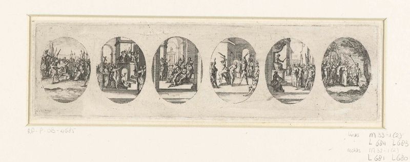 Gravura de Jacques Callot retratando cenas de crucificação e angústia humana.
