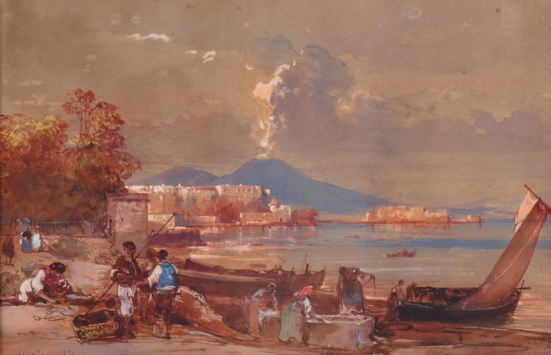 A view of the Bay of Naples with water and sky, oil on canvas by Giacinto Gigante
