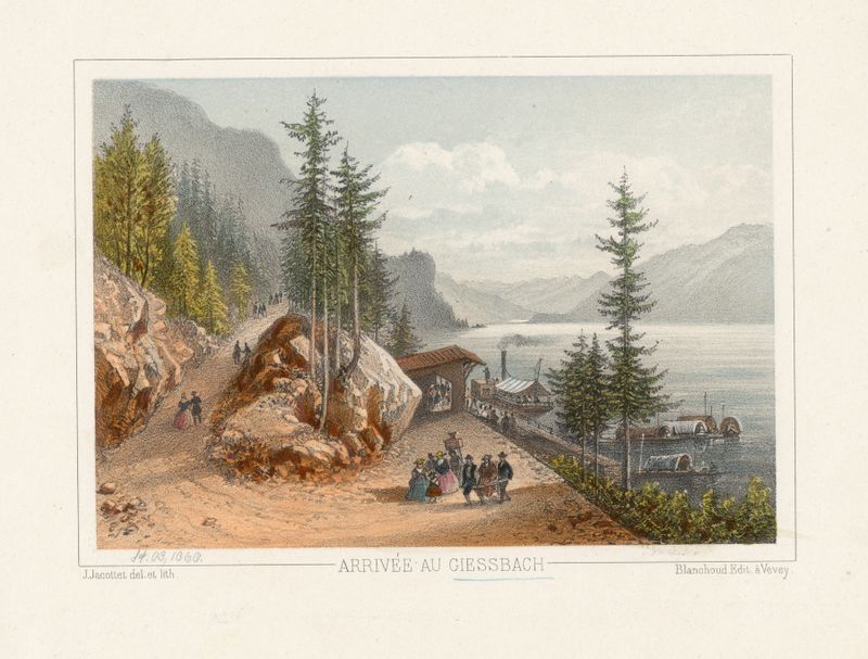 Paisagem de Giessbach com reflexos ao pôr do sol, pintura a óleo de Jean Jacottet