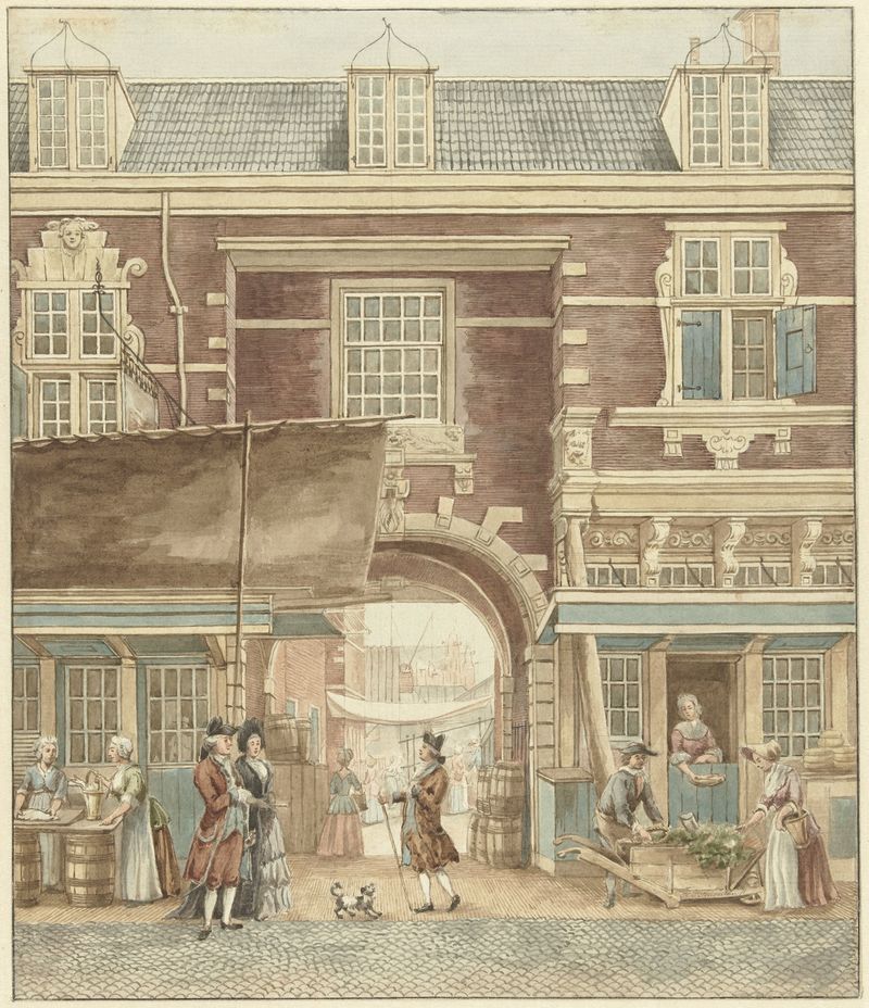 Architecture scene featuring a bridge and market by Hermanus Petrus Schouten, oil painting