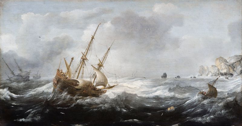 Ships in a storm on a rocky coast, oil painting by Jan Porcellis