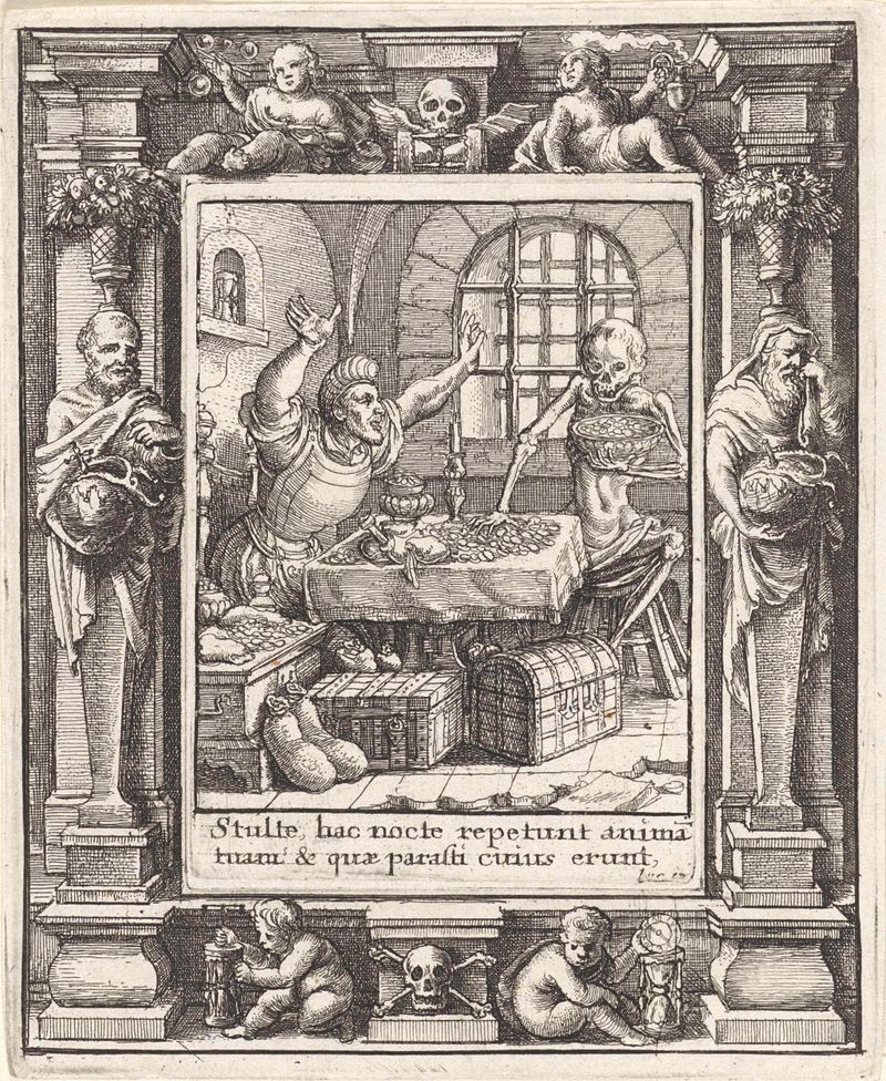 Grabado de Wenceslaus Hollar que muestra a un hombre rico en una mesa con la Muerte cerca.