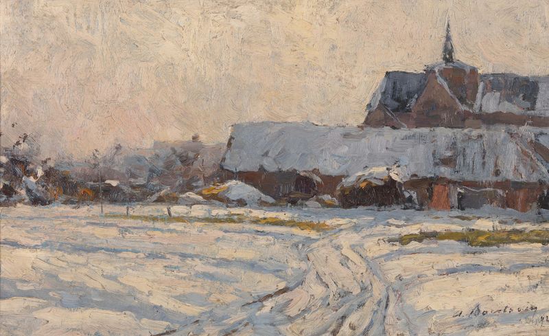 Snow-covered village scene, oil on canvas by Albert Baertsoen