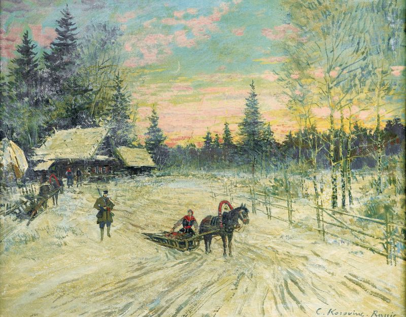 Pintura figurativa de Konstantin Alexeevich Korovin com uma mulher em um trenó no inverno.