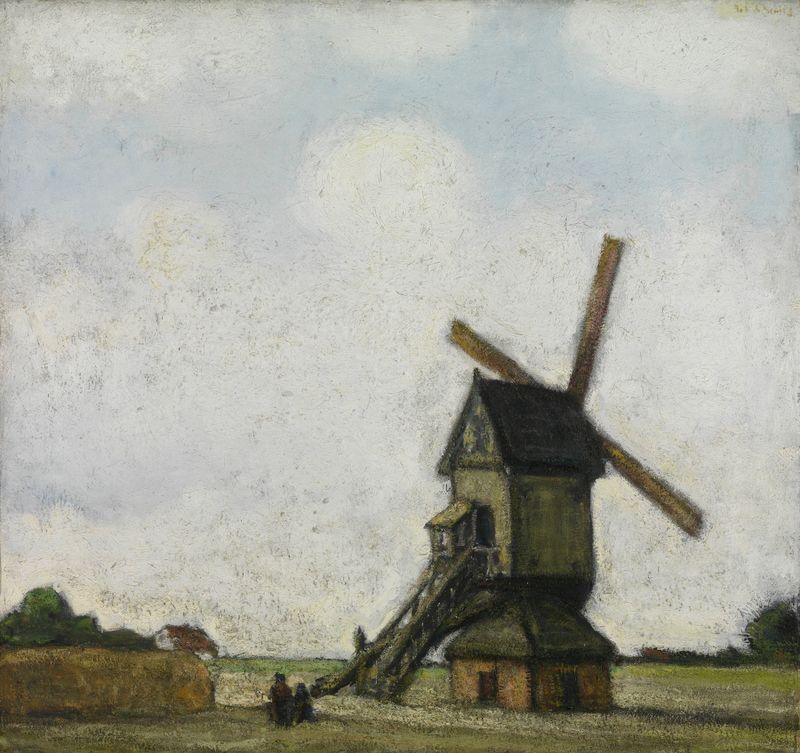 Windmill in the Kempen by Jakob Smits, oil on canvas depicting a tranquil countryside landscape.