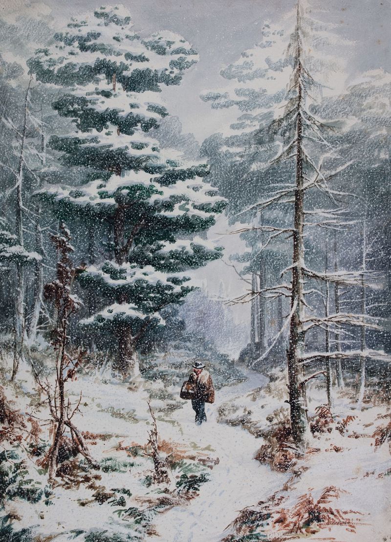 Rednal Wood, Winter de Elijah Walton, representando un paisaje invernal con nieve y ramas desnudas.