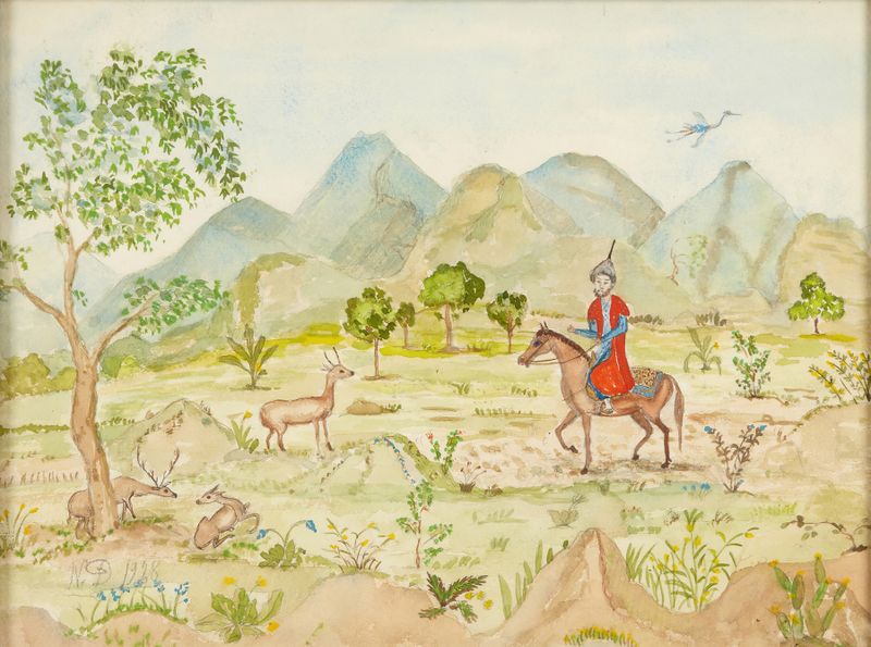 Landscape with a rider on a hill, abstract sky, oil painting by Nils Dardel