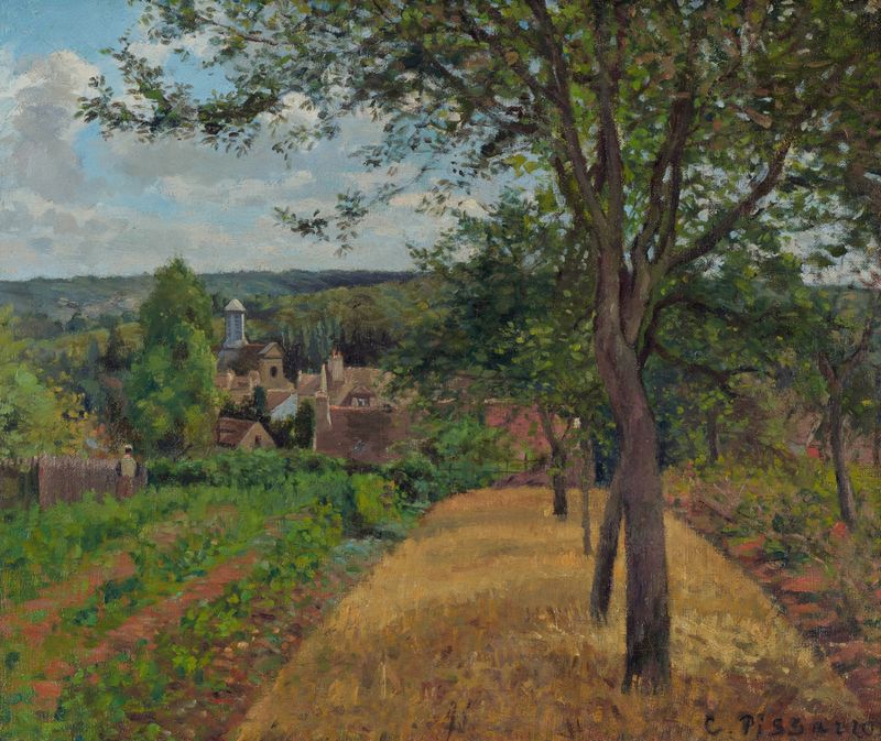 Orchards at Louveciennes de Camille Pissarro, pintura a óleo que retrata árvores exuberantes e luz filtrada.