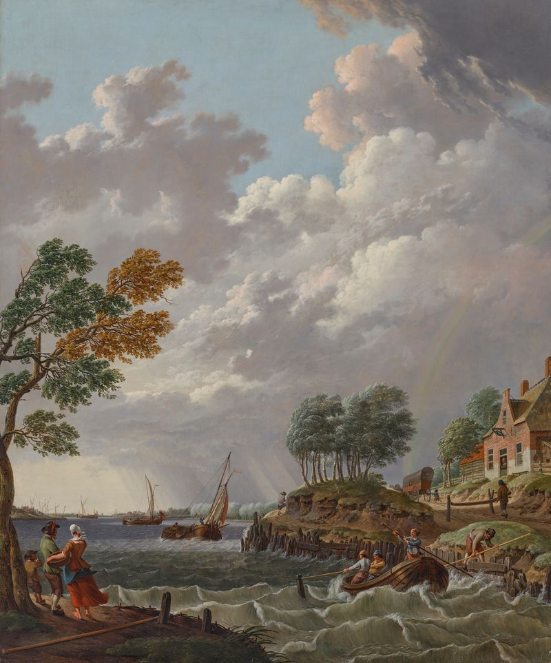 A river landscape in a storm with vessels, oil painting by Hendrik Willem Schweickhardt