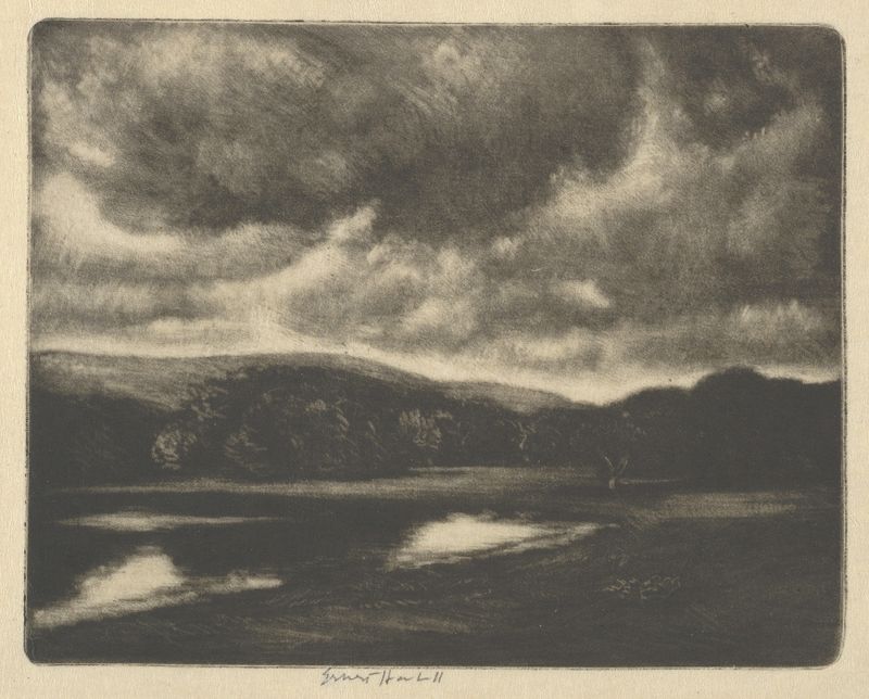 Evening Shadows de Ernest Haskell, pintura al óleo que representa el crepúsculo con tonos índigo profundos.