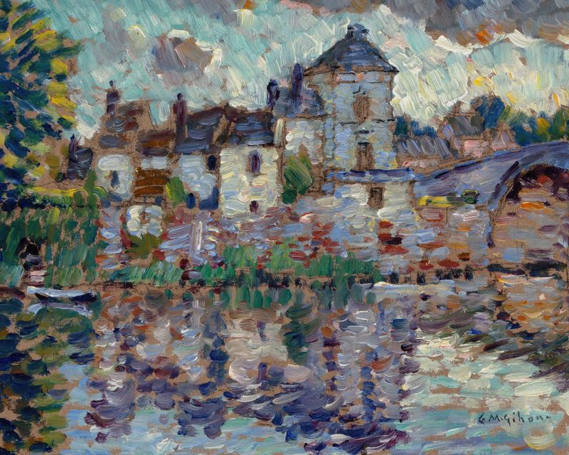 Pintura al óleo de paisaje de Clarence Montfort Gihon que representa un lago tranquilo y un pueblo.