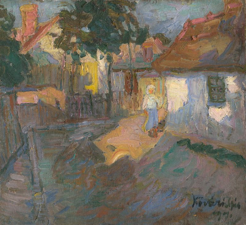 Pintura a óleo de paisagem de Konštantín Kövári-Kačmarik com formas giratórias em azuis e verdes