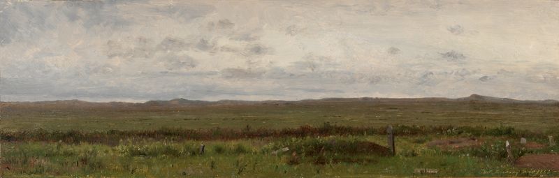 Graves of Travellers, Fort Kearny, Nebraska by Worthington Whittredge, oil painting depicting gravestones and nature.