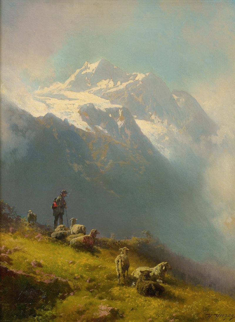 Um pastor com seu rebanho em uma paisagem pastoral, pintura a óleo de Hermann Ottomar Herzog.