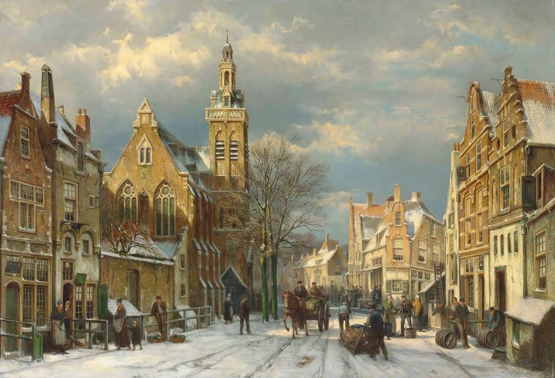Genre scene depicting a sunlit street in winter by Willem Koekkoek, oil painting