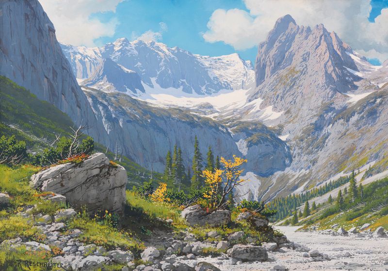 Landscape featuring Höllentalgletscher and peaks, oil painting by Rudolf Reschreiter
