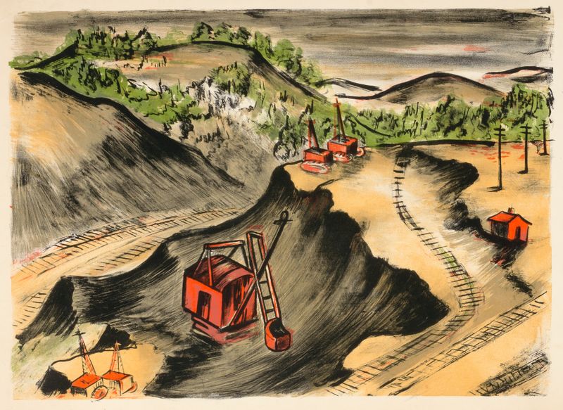 Paisagem retratando um local de mineração com montanhas, meio desconhecido de Artista Desconhecido.