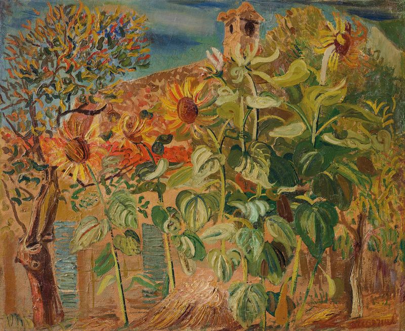Sunflowers by Boris Grigoriev, oil painting featuring vibrant sunflowers and green leaves.