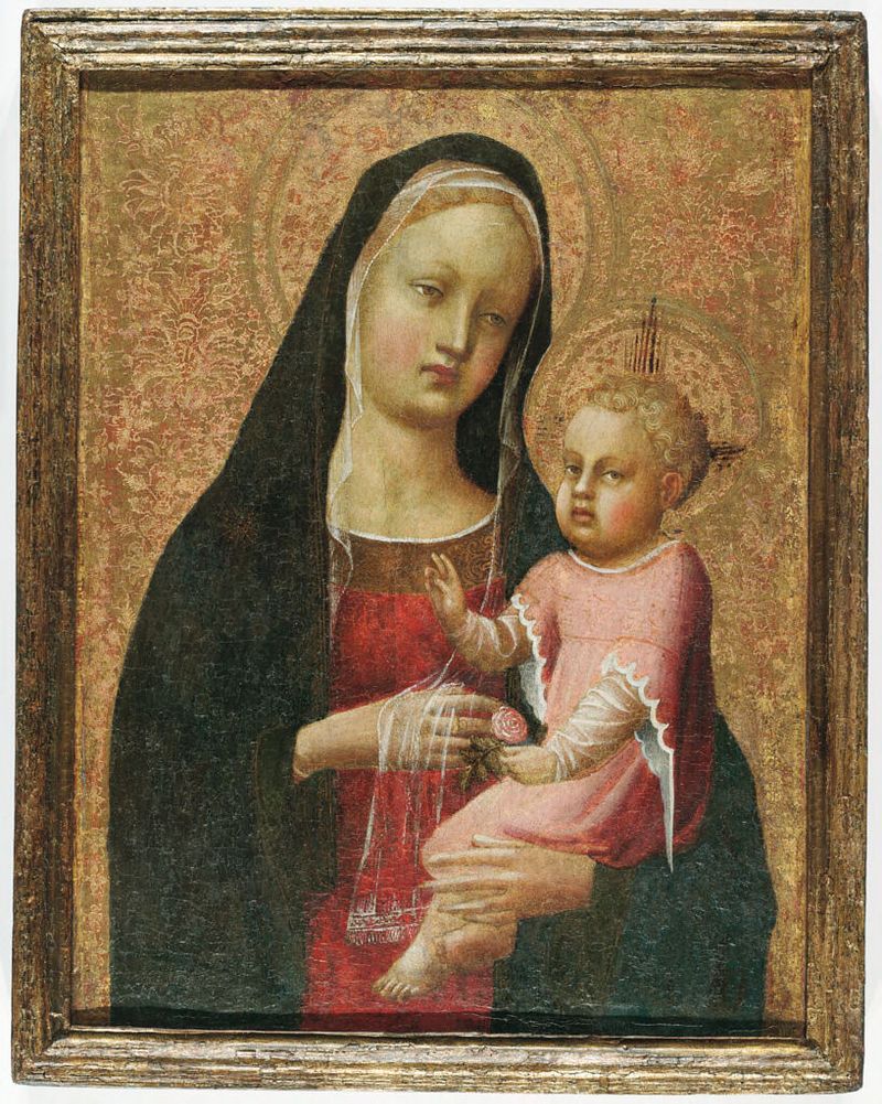 The Virgin and Child by Fra Angelico, tempera on panel, featuring serene figures and divine elements.
