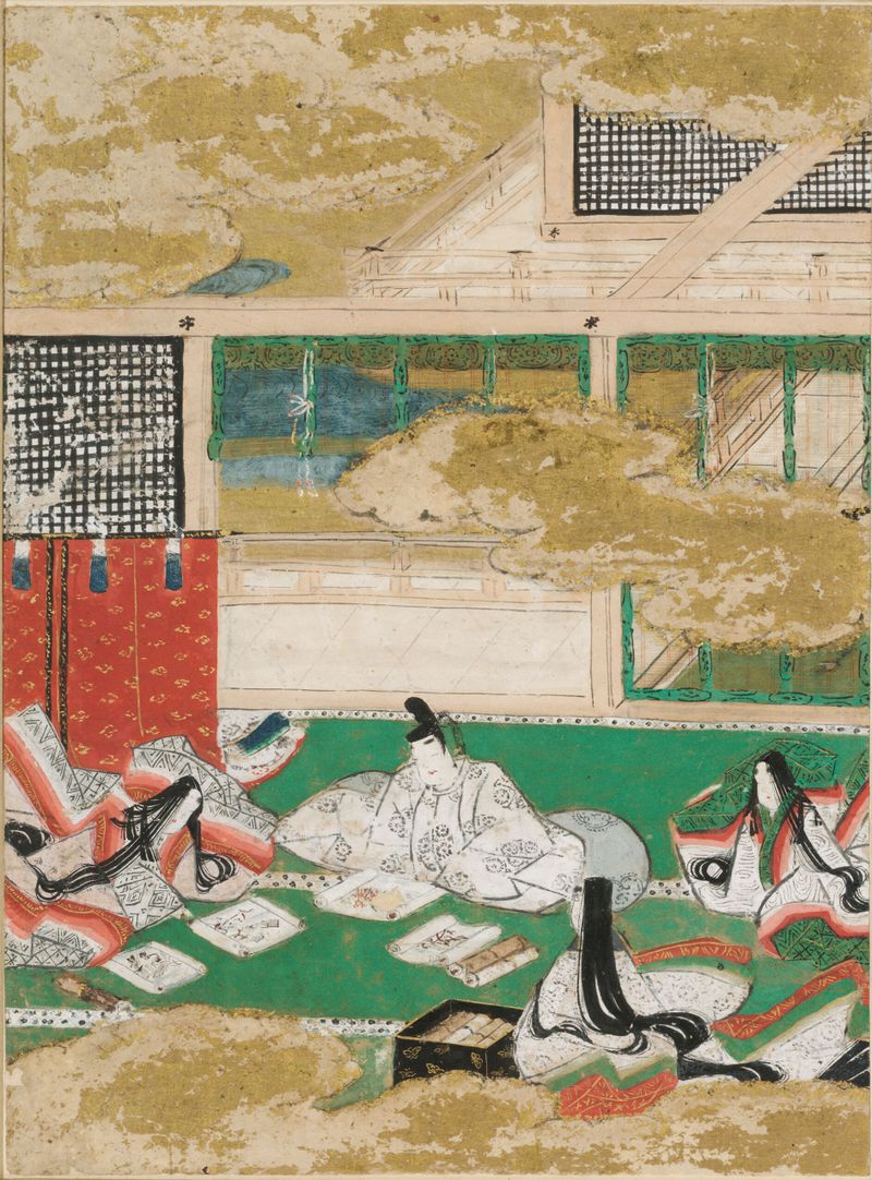 Ilustração em ouro de Tosa Mitsunobu mostrando figuras em robes de seda.