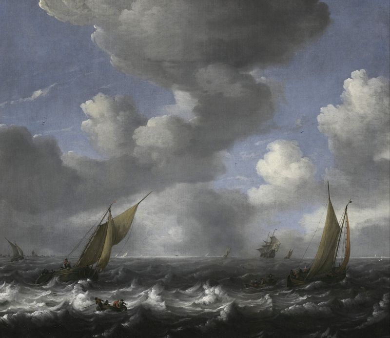 Seascape and Fishing Boats de Ludolf Backhuysen, pintura a óleo que retrata barcos de pesca em um mar cintilante