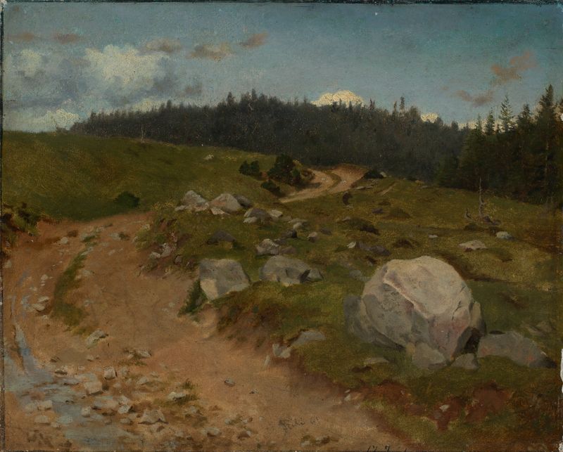 Landscape with a forest path and tree by Hans Thoma, oil painting