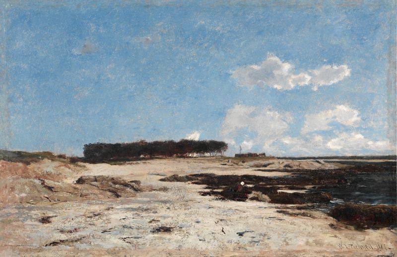 Pointe de Cabellou, Brittany de William Lamb Picknell, pintura a óleo que retrata uma paisagem serena com água.