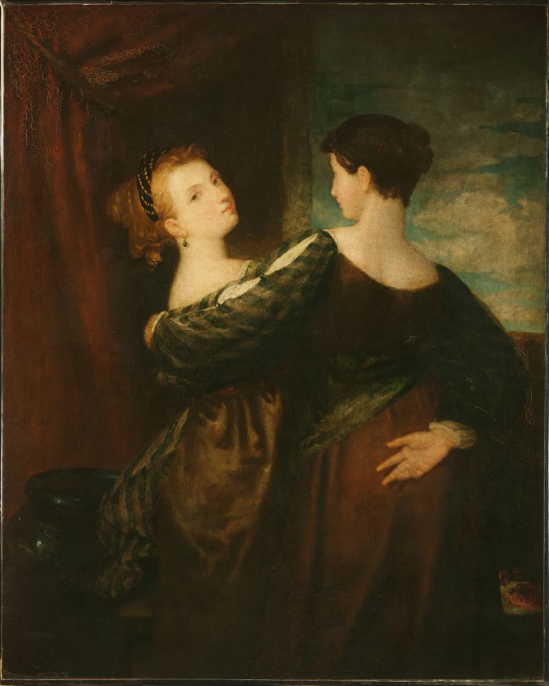 The Sisters by Washington Allston, oil on canvas, featuring two figures in soft light and shadow.