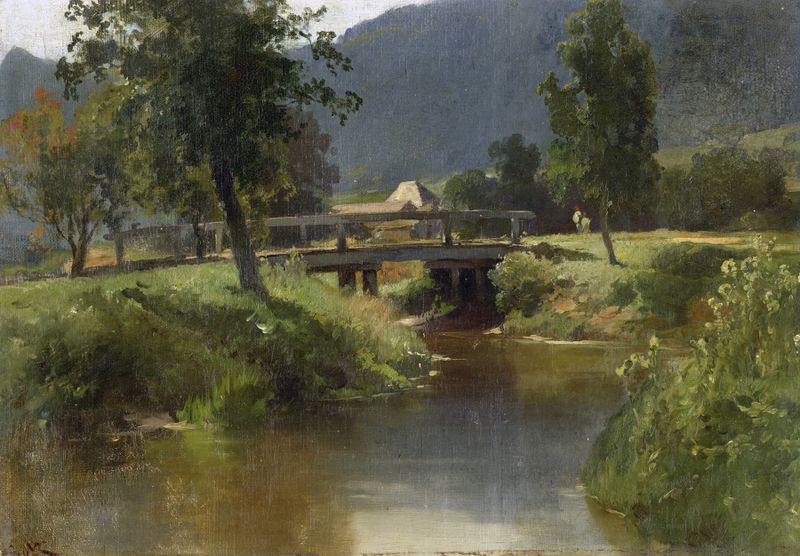 Bach mit Brücke de Carl Bolze, óleo sobre tela representando um rio tranquilo e uma ponte.