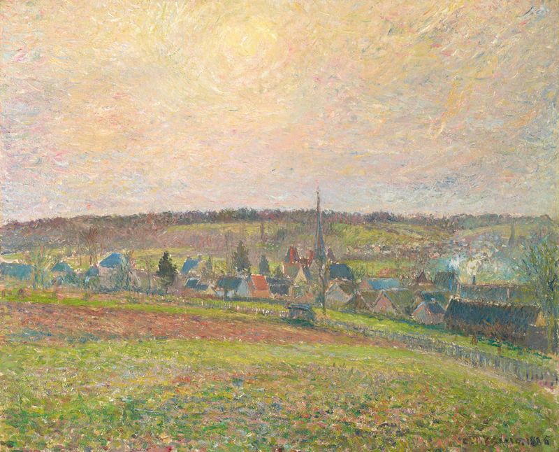 Le Village d’Éragny de Camille Pissarro, óleo que representa una escena de un pueblo rural