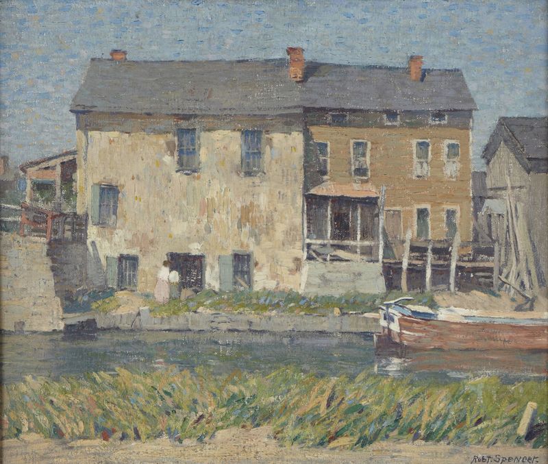 A Bit of New Hope, Pennsylvania by Robert Spencer, impressionism, depicting a rural landscape with sunlight and trees.