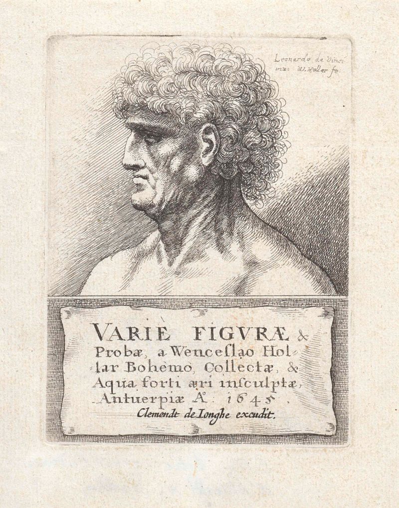 Grabado de Wenceslaus Hollar que muestra el perfil de un hombre con cabello rizado.