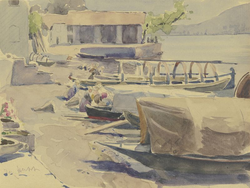 Óleo sobre tela de Jacob Happ retratando um porto tranquilo no Lago de Garda com barcos e água.