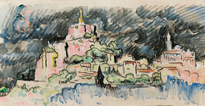Landscape with stormy sky and swirling clouds by Paul Signac, oil painting