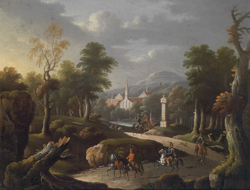 Paisagem de Johann Georg von Bemmel, com colinas e viajantes.
