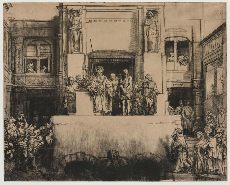 Cristo apresentado ao povo, ponta seca de Rembrandt van Rijn, com uma figura em um estrado e uma multidão.