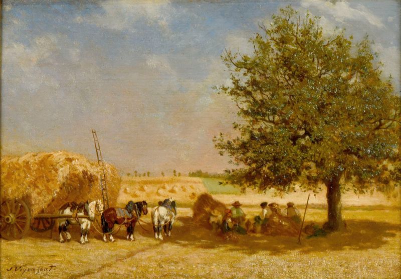 Harvest scene with figures in golden light, oil painting by Jules-Jacques Veyrassat